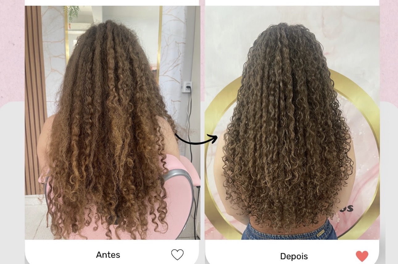 Antes e depois de Corte Personalizado — cacho com curvatura respeitada, volume equilibrado