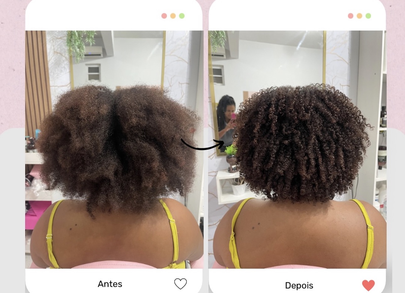 Antes e depois de Soltura de Cachos em cabelo 4B/afro — textura afro preservada, espirais mais definidas e volume organizado. O cacho não saiu — ficou mais ele mesmo.